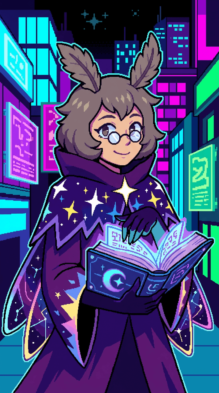 Original character in the Deltarune art style: a Dark World mage, a moth girl with a star cloak, round glasses and a glowing spellbook, bold flat colours, chunky pixel-art-inspired shading, neon cyber city background. Portrait framing from the waist up, face in the upper third of the frame, one character only. No text, no logo, no watermark.
