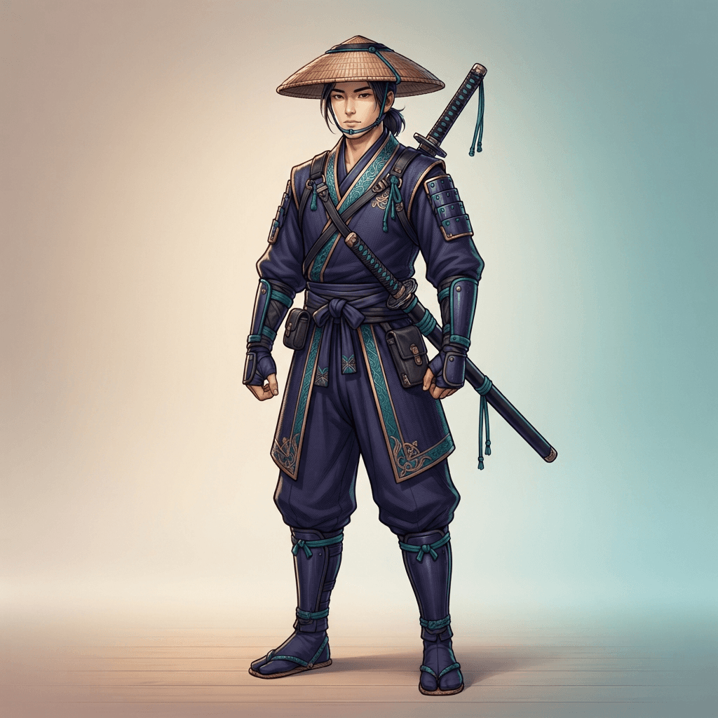 original character design of a calm male ninja, deep indigo shozoku with teal trim, woven straw hat, katana across his back, full body standing pose, clean soft gradient studio background, vibrant, crisp high detail, digital illustration, no text, no words, no watermark