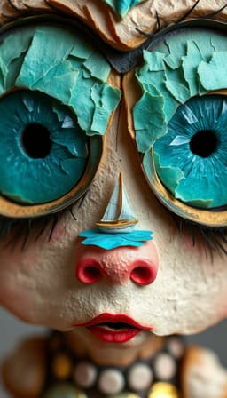 whimsical folk‑art characters with dramatic teal eyes, each gaze containing a tiny sailboat on a turquoise tropical sea, crafted as a papermache sculpture from torn colored paper fragments that mimic brushstrokes, creating tactile, luminous layers that capture fleeting light and movement, with subtle golden shimmer and soft watercolor tones, intricate pointillist texture preserved.