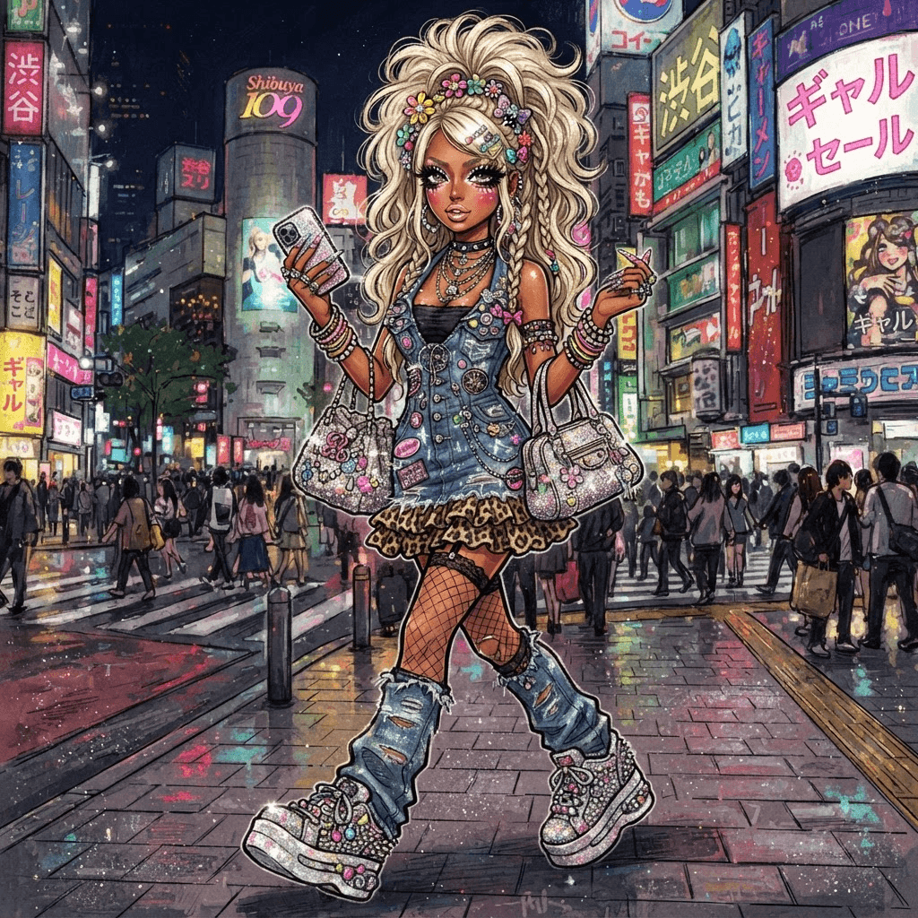 gyaru fashion, tanned glam styling, bleached voluminous hair, layered lashes, glitter, styled with statement accessories, fashion illustration, full body