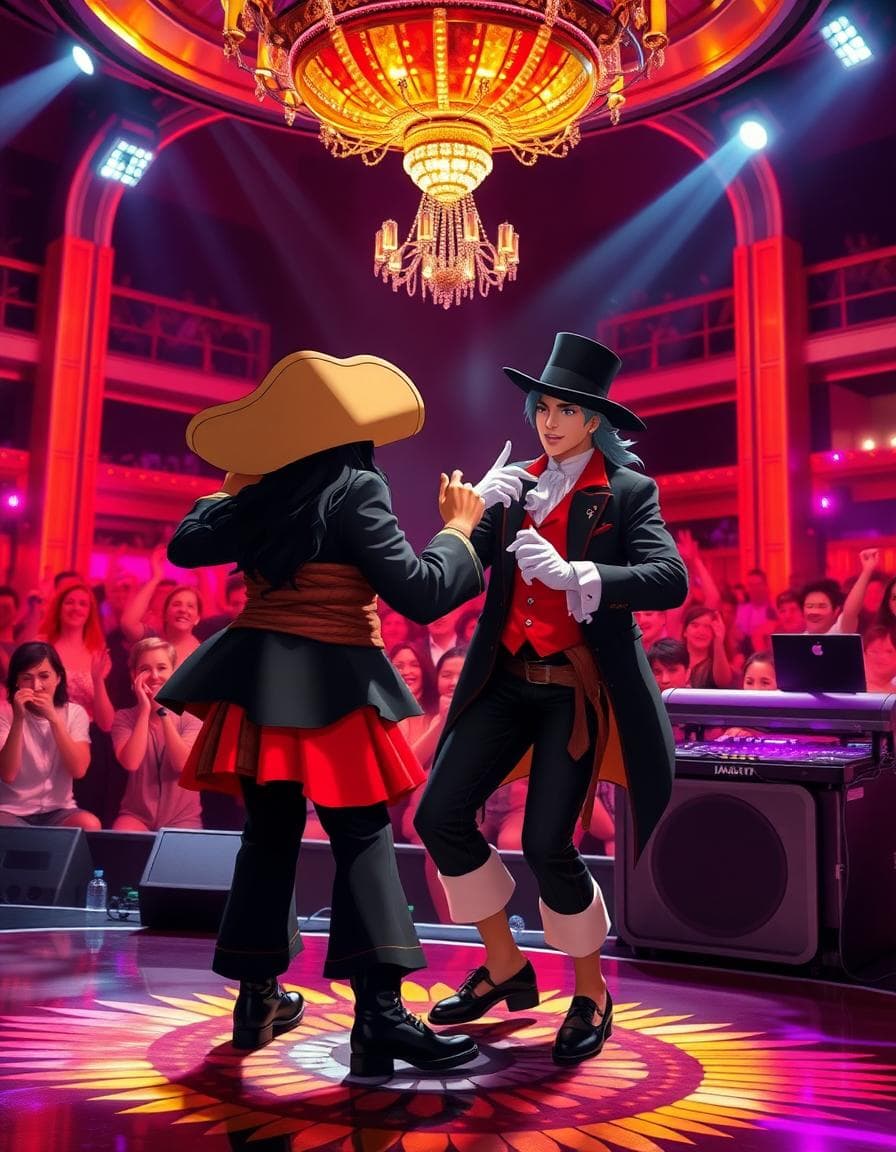 "An original anime-style pirate character with a straw hat and red vest dancing on stage next to a stylish performer in a black suit, white gloves, and fedora, both doing an iconic dance move. The stage is lit with colorful lights, a large cheering crowd in the background, a DJ booth on the side, a vibrant decorative floor, and a large reflective chandelier casting dramatic lig