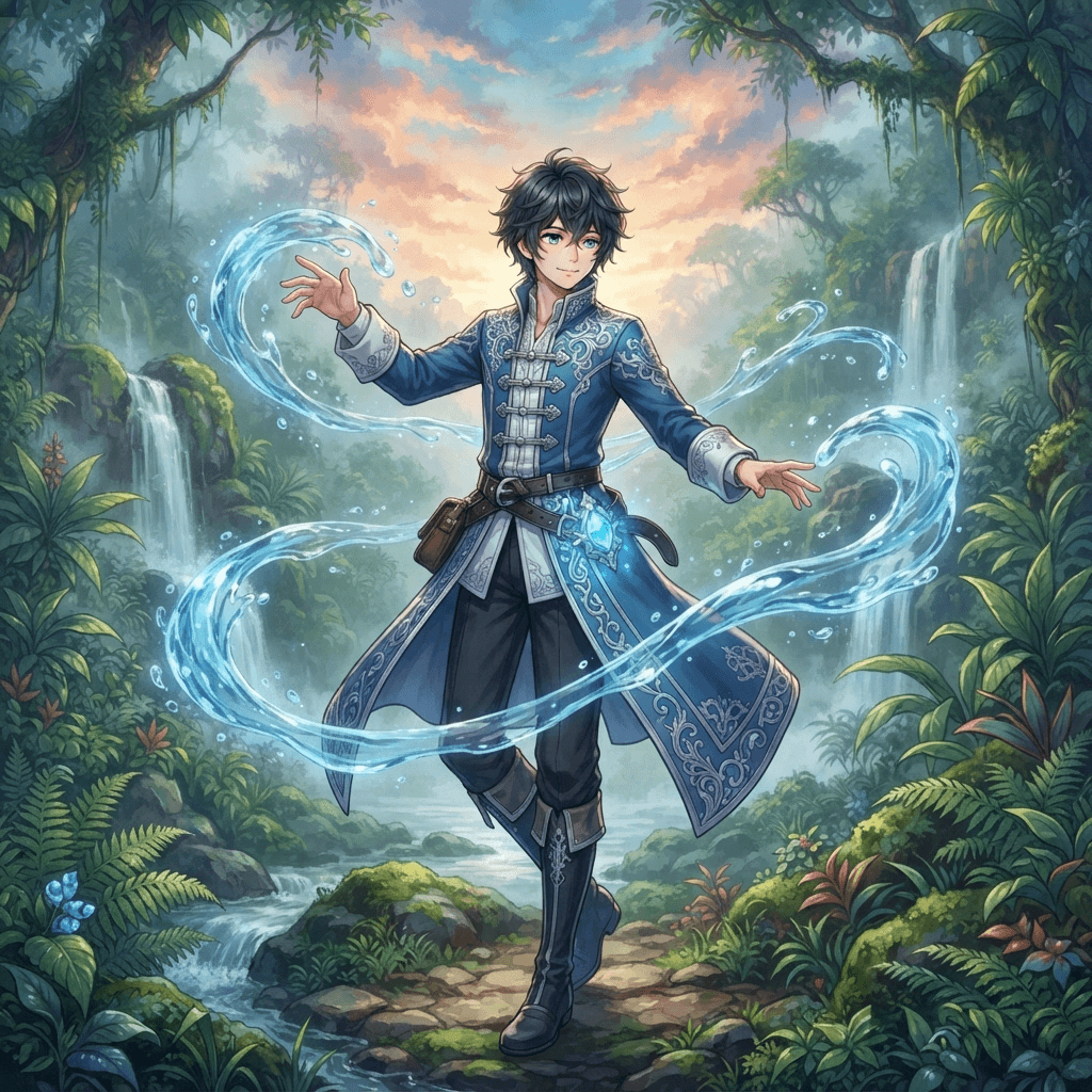 fantasy anime boy in a blue and white scholar coat with silver trim, water ribbons swirling around him, a small glowing blue gem on his belt, misty rainforest with waterfalls, painterly sky, full body