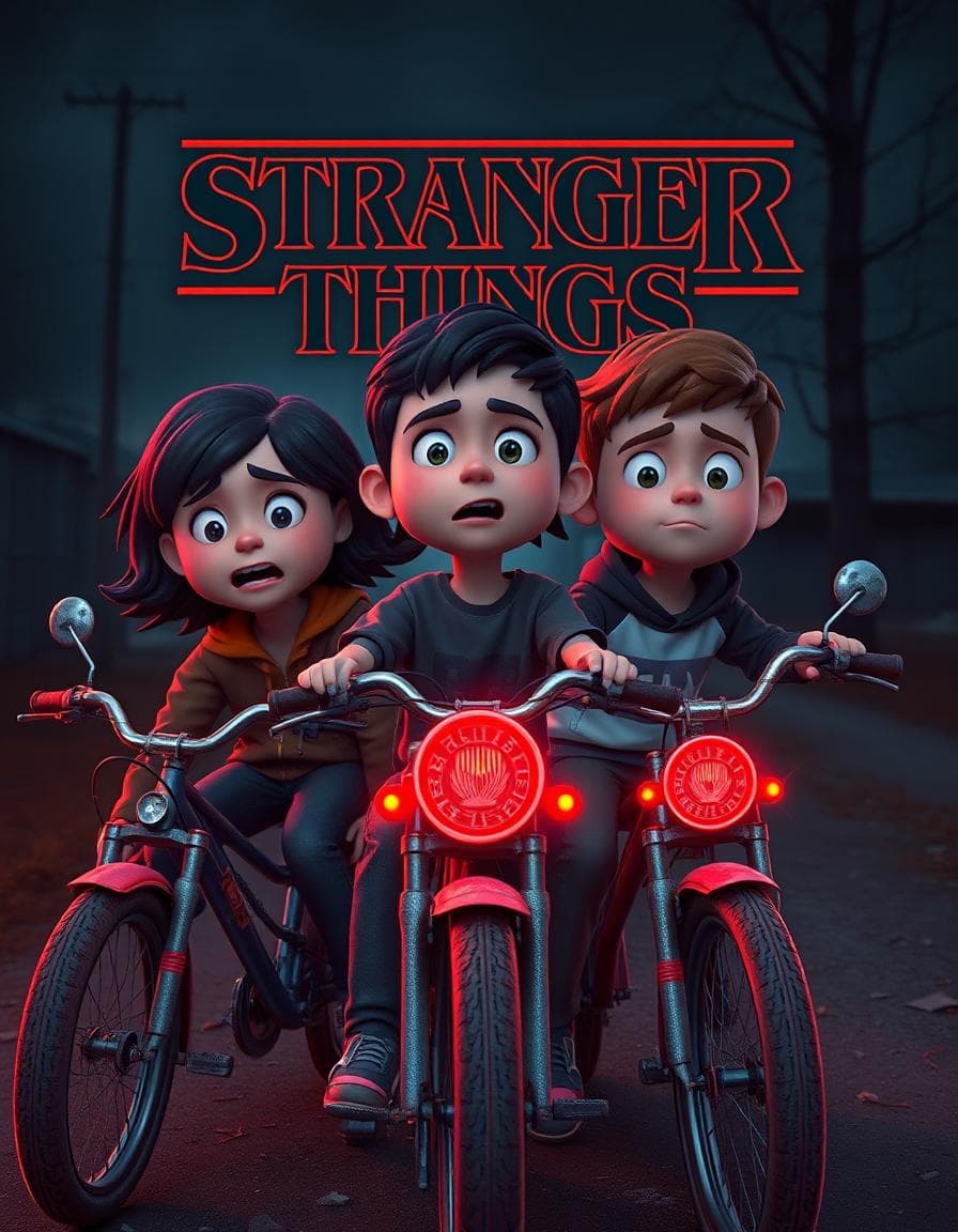 Movie poster. the 3d cartoon of 3 multiethnic teens with a scared facial expressions, sitting on  dusty 1980s stranger things bikes, with neon red light reflections on their pale faces, amidst a dark and abandoned suburban background, with eerie atmosphere and horror undertones, in a distorted retro style reminiscent of the Netflix series stranger things. Title "Stranger Things"