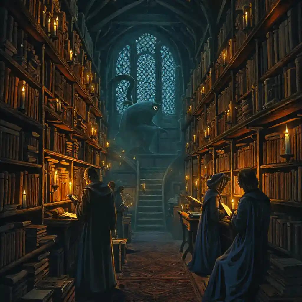 24. A candlelit library filled with ancient books and artifacts, where the Cheshire Cat weaves between shelves; scholars in robes of dark blue and midnight black study by the flickering light, each shadow dancing along the walls.