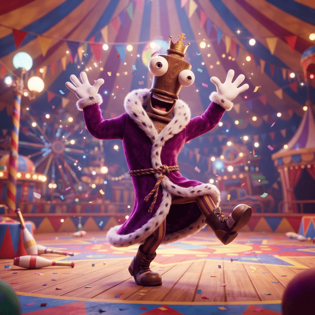 Kinger from The Amazing Digital Circus, tall chess king piece head with a small crown, wide bug eyes, purple robe with white fur trim, dynamic playful action pose under the big top, glossy 3D circus style, polished expressive 3D animation, bright colorful Amazing Digital Circus environment, no text, no logo, no watermark