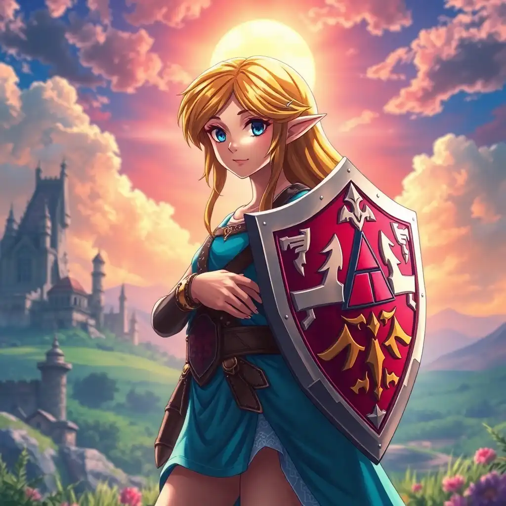 Visual Style: Magnificent Anime, Genre: Fantasy, Subject(s): Zelda from The Legend of Zelda, Time Period: Fantasy, Color: Vibrant, Aspect Ratio: 16:9, Format: Digital, Frame Size: 4K, Lens Size: 35mm, Composition: Dynamic, Lighting: Dramatic, Lighting Type: Mixed (Natural and Magical), Time of Day: Daytime, Environment: Fantasy Landscape, Location Type: Hyrule, Set: Majestic, Camera: Digital Art Software, Lens: Digital Brush, Film Stock / Resolution: High Resolution, Tags: Magnificent Anime, Fantasy, Vibrant Colors, Zelda, The Legend of Zelda, Perfect Shield, Perfect Outfit, Hyrule, Fantasy Landscape, Majestic, Daytime