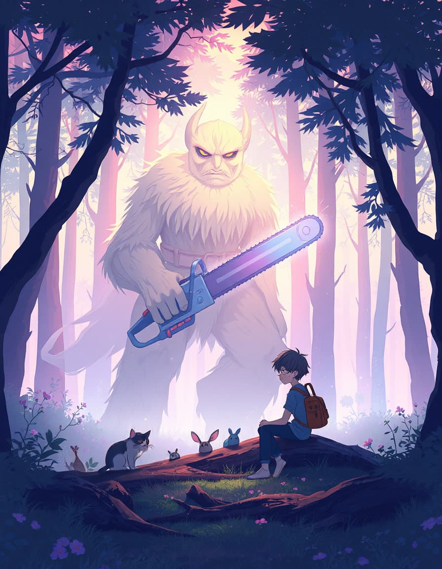 incorporating a ghibli-inspired aesthetic with a chainsaw man twist, the scene is set within a serene forest where denji's chainsaw dream demon, pochita, has transformed into a majestic, gentle giant that protects and nurtures the surrounding wildlife. the soft, pastel colors of the forest are infused with a subtle, ethereal glow emanating from pochita's chainsaw, creating an enchanting atmosphere of wonder and protection. denji himself is depicted in a more tranquil state, surrounded by the creatures of the forest, his chainsaw resting peacefully at his side, as he learns to harness his power to maintain harmony with nature.