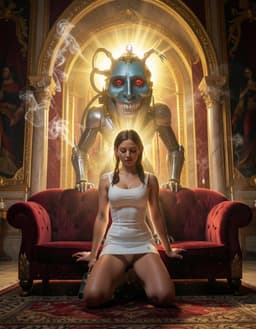 a cyber‑punk samurai woman in a white mini‑dress on a plush velvet couch in an opulent royal chamber, robomonster standing behind her, metallic shoulders silhouetted against gilded arches, kneeling in reverence, low‑angle view, divine devotion mood with radiant golden light halo, incense smoke curling upward, rich vermillion and saffron tones, timeless spiritual intensity, eyes determined, swirling dust, tension‑filled atmosphere