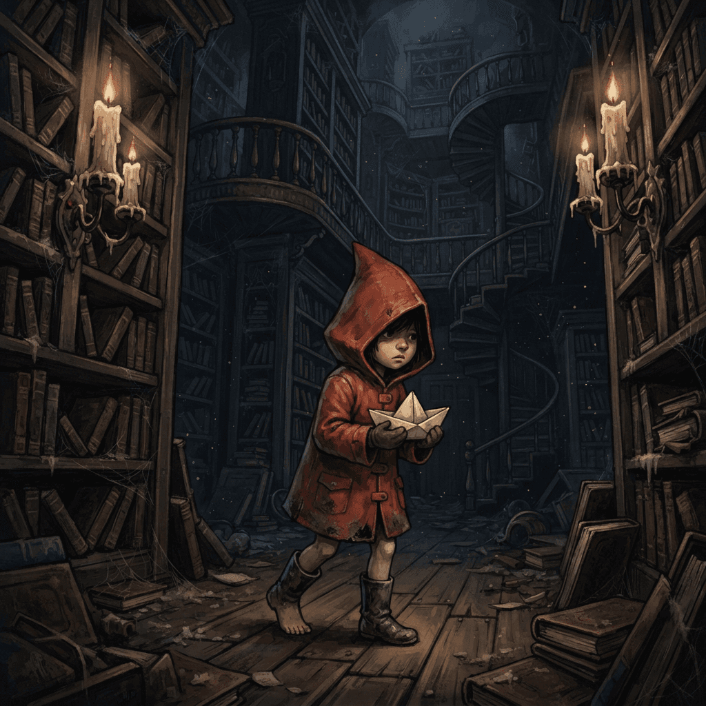 original little nightmares style oc, child in red raincoat with paper boat, eerie oversized library, creepy-cute moody lighting