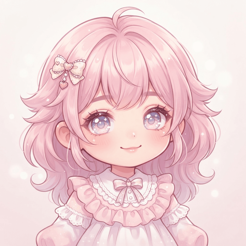 adorable chibi girl close-up avatar portrait, big sparkly eyes, fluffy pastel pink hair with tiny bow, kawaii style, cute pfp