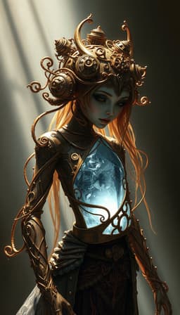 a captivating steampunk‑inspired figure rendered as intricate copper filigree with warm golden‑brown patina and wood‑like undertones, presented in a realistic dark fantasy digital painting. gothic atmosphere with soft directional lighting casts dramatic shadows, while a gentle beam highlights the crystalline sheen against muted earthy tones and icy‑blue accents. detailed textured brushwork emphasizes tactile grain, frosted glass effects and volumetric lighting, creating a hauntingly surreal yet richly detailed composition.