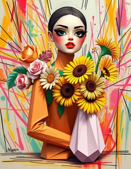 a fashion model of origami‑paper body with crisp folded planes and geometric creases, posed beside a delicately folded paper vase holding a pastel bouquet of roses, sunflowers and daisies, rendered in vivid fauvist color and forms: bold, saturated hues, wild brushstrokes, and simplified shapes dominate the scene. her cartoonish almond‑shaped eyes feature ultra‑long black winged eyeliner, bright yellow eyeshadow, and vivid red‑orange lips, outlined in thick black lines reminiscent of classic animation, while the surrounding background glows with chaotic, colorful lines and volumetric light, all unified by the expressive, high‑contrast fauvist palette.