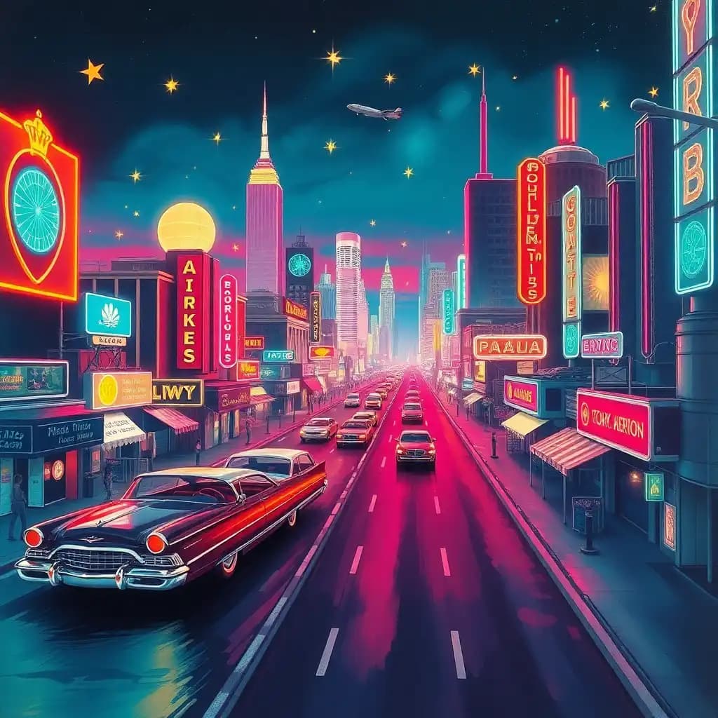 Imagine a bustling retro-futuristic cityscape, where neon lights mimic stars and retro automobiles hover gracefully above paved roads. The scene pulsates with energy, painted in vibrant hues that blend pop art and futurism, inviting one to explore a world where history and future intertwine.
