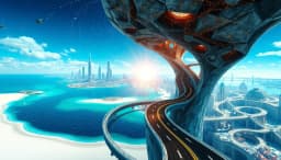a luminous curving road tunnel spiraling over a deep blue‑green lagoon and white‑sand shore, merging into an escher‑style surreal staircase cityscape of interlocking towers, bridges and impossible stairs; metallic gold, silver and copper tendrils lace the distant futuristic horizon, resin‑petri art cells bloom like pastel flowers, emphasized by strong leading lines of the road, bridges and light beams that guide the eye toward a sharp central focus, with radial motion‑blur spokes creating a visceral tunnel corridor through water and architecture