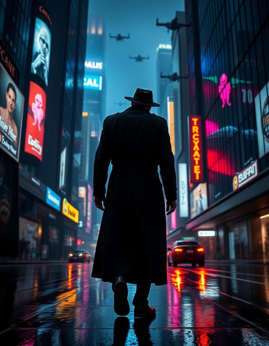 A detective wearing a long trench coat and hat, like a dark silhouette, walking away down a rainy street in a futuristic megacity. Towering skyscrapers with neon lights and advertising holograms, flying vehicles. Rain creating reflections. Cyberpunk style, conceptual cinematic art, noir atmosphere. Illumination by multiple colored neon lights (blue, pink, yellow) reflecting in the wet, general darkness with bright spots. Camera in a long wide shot at street level. Dystopian, melancholic, technological atmosphere. Cyberpunk city, neon lights, rain, futuristic, film noir, blade runner style.