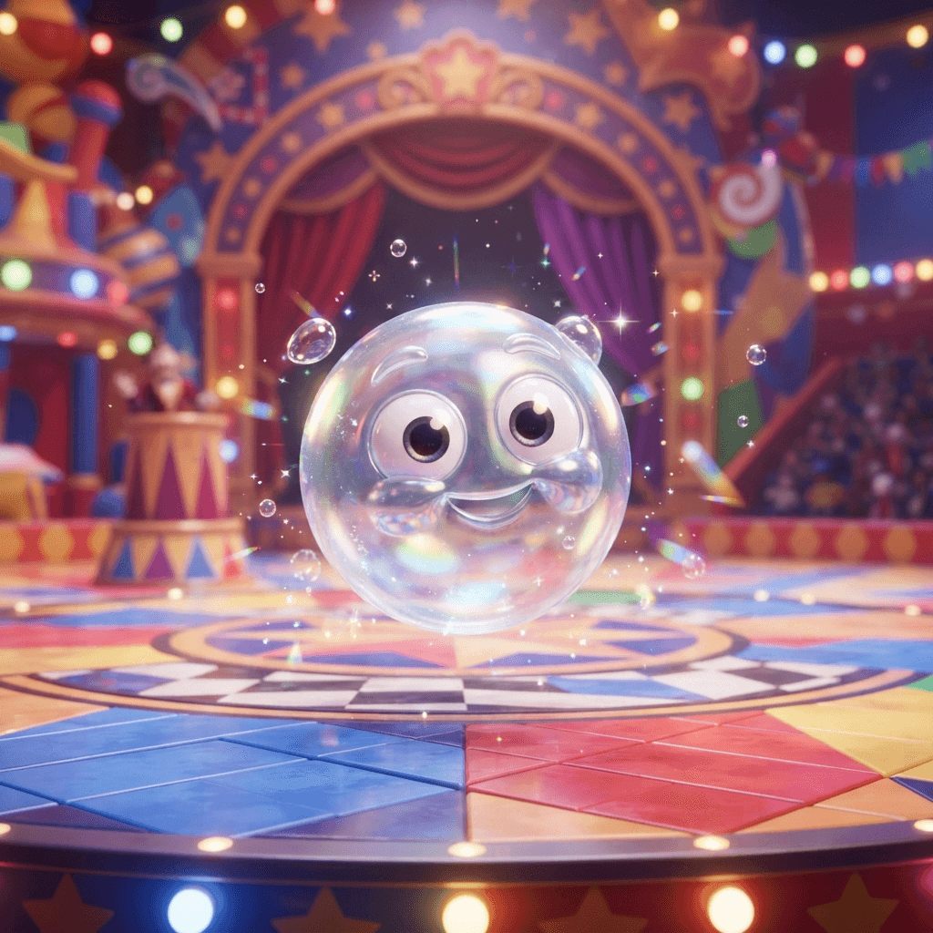 Bubble from The Amazing Digital Circus, small floating translucent bubble creature with big googly eyes and a wide friendly grin, full-body portrait standing on the circus stage, glossy 3D circus style, polished expressive 3D animation, bright colorful Amazing Digital Circus environment, no text, no logo, no watermark