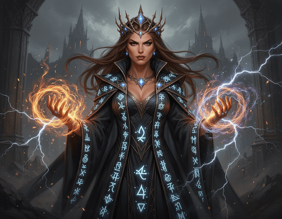 A powerful sorceress queen named Queen Emma, regal and intimidating, standing with absolute authority. tanned skin, sharp commanding eyes, long flowing brown hair styled like a crown. She wears elegant dark royal robes infused with arcane energy, glowing runes woven into the fabric. Raw magic coils around her hands like living fire and lightning. Her expression is confident, ruthless, and unyielding. Epic fantasy realism, cinematic lighting, ultra-detailed, dramatic shadows, high fantasy character portrait, Dungeons & Dragons sorceress