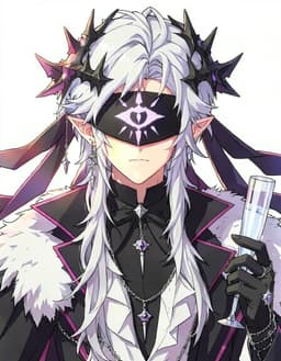 Redraw the person in the reference image as a VTuber character portrait of male, them, fully clothed, silver white hair, a fair complexion, long pointed elf ears, tuch up on the eye image on the blind fold, clean anime VTuber model art, cel-shaded 2D illustration, crisp lineart, vivid colours, soft rim lighting, head and shoulders, facing forward, plain flat white background. Keep their face, hairstyle and distinguishing features clearly recognisable as the same person.