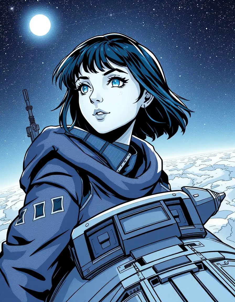 Design a captivating illustration of a short-haired dark moebius hero, her piercing blue eyes reflecting the light of a distant star. Set her on an austere spaceship navigated through a cosmic journey, every panel carefully drawn in a highly detailed, moebius comic book aesthetic that tells a story of resilience and adventure.