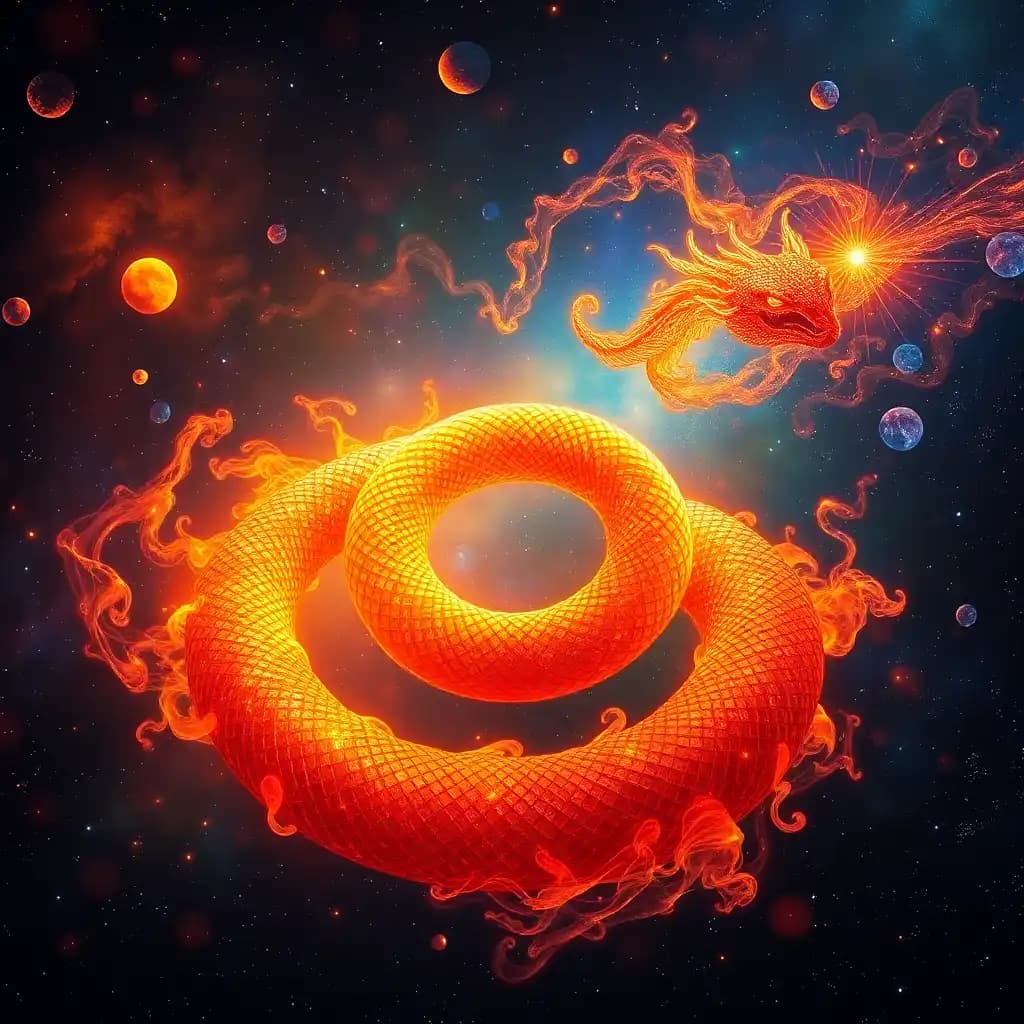 Amidst the kaleidoscopic expanse of a forgotten nebula, a mythical solar serpent coils in on itself in an elaborate dance of fire and elegance. Its scales glimmer with cosmic iridescence, casting kaleidoscope reflections that ripple across the vastness of space. As it spirals through the heavens, it weaves a rich tapestry of conflagrant hues, uniting the sacred warmth of the sun with the ancient mystery of the stars.