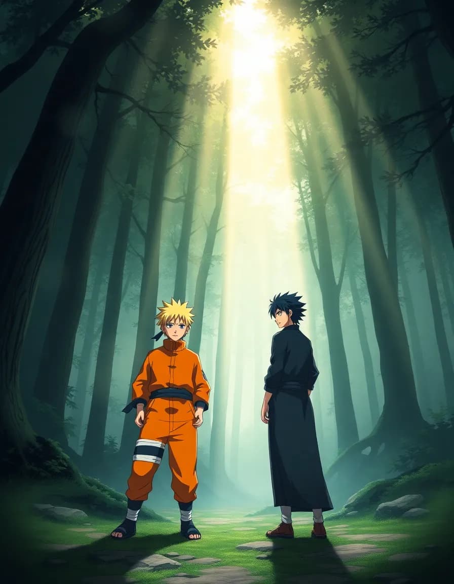 naruto and sasuke are standing in a misty forest, illuminated by strong god rays piercing through the canopy above. naruto is wearing his signature orange jumpsuit. sasuke is wearing dark blue shinobi attire.
