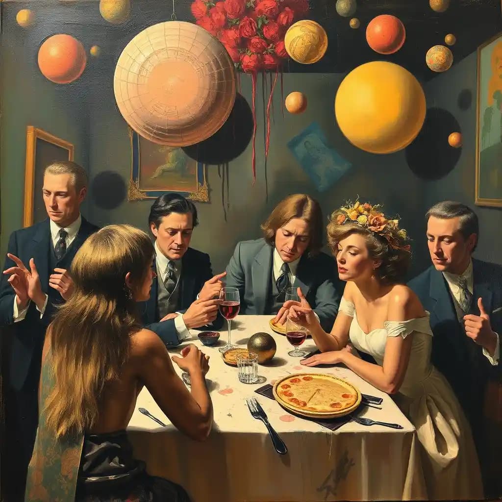 1972, surrealistic, impossible, unfinished party painting