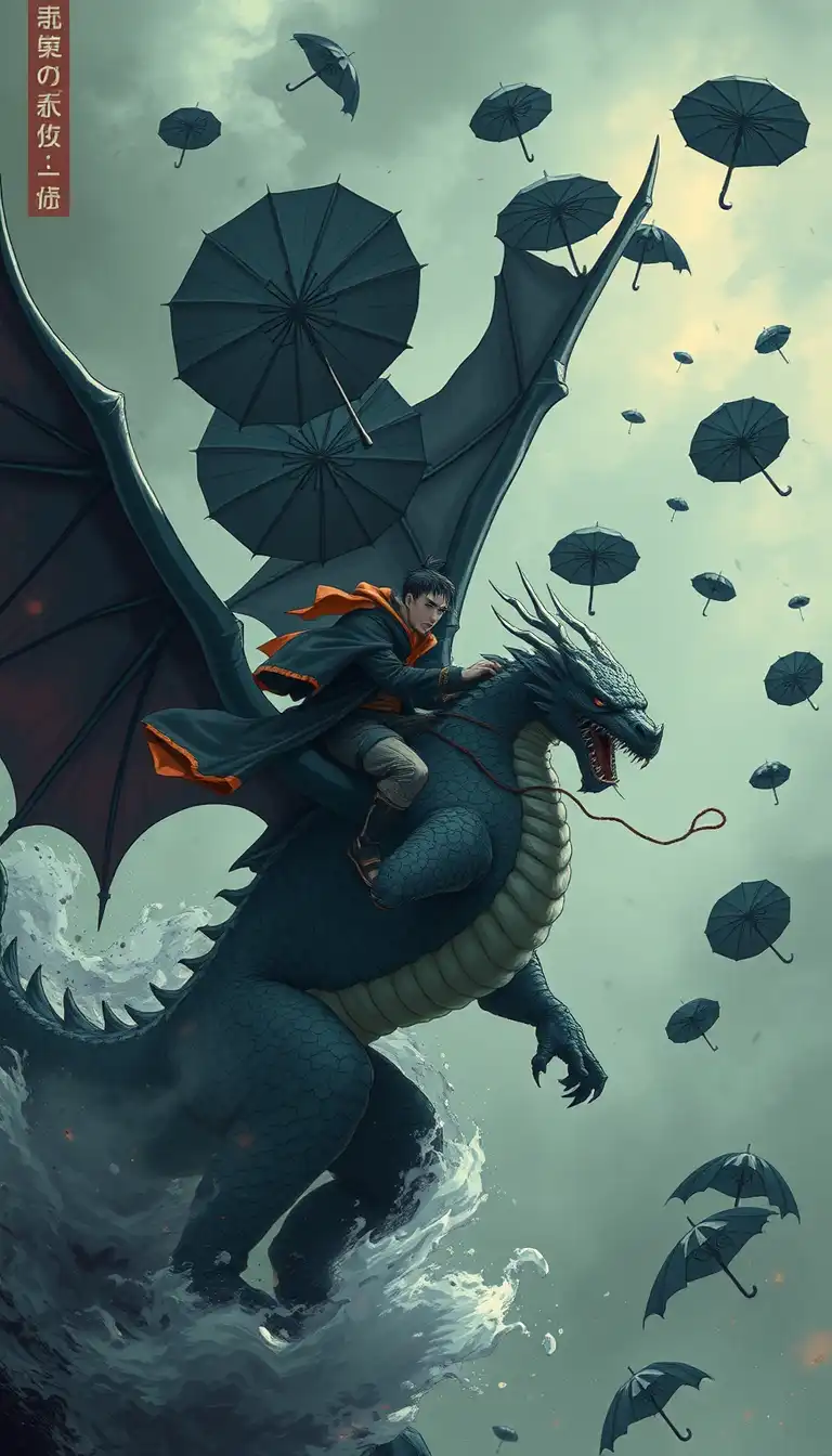 Jujutsu kaisen  yuta okkotsu riding a dragon made of cursed spirits
with its wings formed from floating black umbrellas