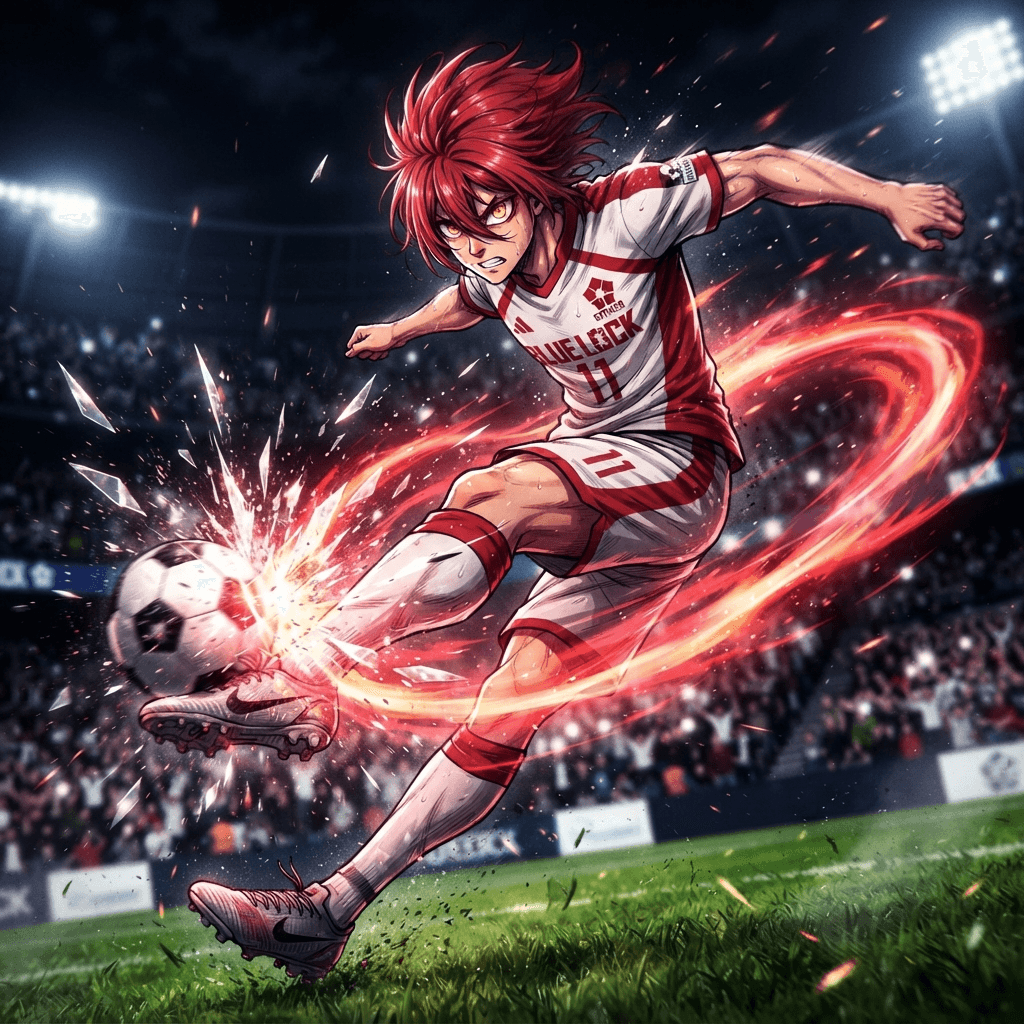 original Blue Lock style soccer anime character, male striker with crimson hair and glowing amber eyes, white and red jersey number 11, digital illustration