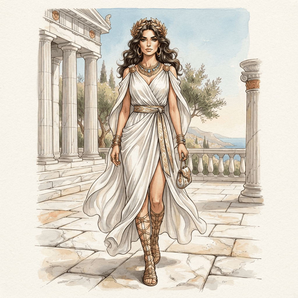 greek mythology fashion, draped white chiton, gold laurel crown, sandal wraps, marble and gold palette, styled with statement accessories, fashion illustration, full body