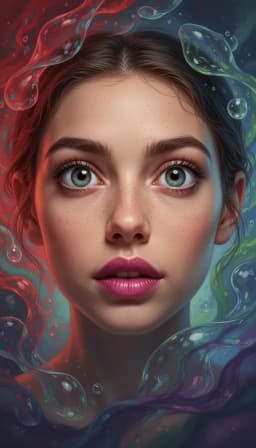 a single face with large expressive eyes and vivid lips rendered in ultra‑realistic extreme detail, captured in 16k resolution with razor‑sharp clarity. the portrait is lit with cinematic, volumetric lighting that sculpts lifelike skin pores, subtle micro‑textures, and nuanced color transitions, while a dreamlike, swirling abstract background of translucent shapes and vibrant reds, blues, greens, and purples is depicted with the same meticulous pixel density and precise shadows. hand‑painted textures blend with digital enhancements, giving the composition a breathtaking, immersive depth and a striking, awe‑inspiring presence.