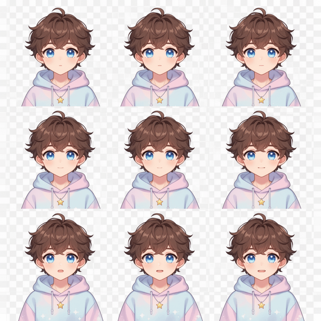 A digital illustration sheet for a PNGTuber character, featuring a cute anime-style boy with fluffy brown hair, big sparkly blue eyes, soft round face, wearing an oversized pastel hoodie and a small star pendant. The sheet contains 8 different expressions/poses arranged neatly in a grid, each on a transparent background:
1. Idle – neutral expression, mouth closed, eyes relaxed.