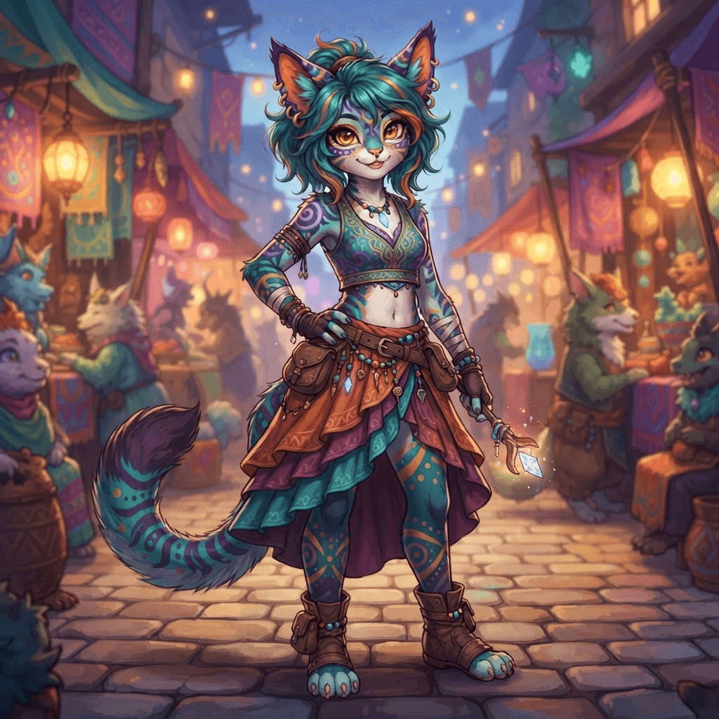 an anthro cat fursona with detailed fur markings and expressive eyes, full body, different color scheme