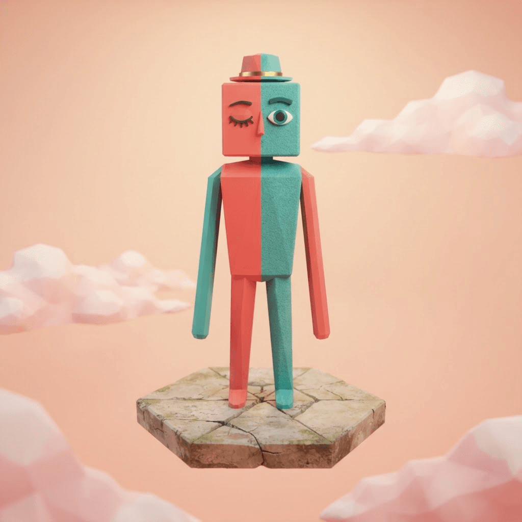 surreal low poly tall character, left half smooth flat coral red, right half grainy teal clay texture, cube head with a tiny brim hat, long tube arms hanging down, one closed eye and one open eye, standing on a floating tile in a soft peach void with drifting clouds, retro 3D render mixed with hand painted look, full body
