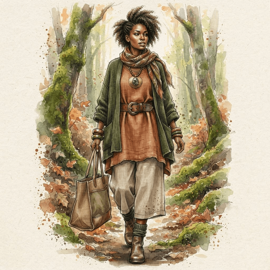 earthy style fashion, linen layers, clay and moss tones, natural fiber textures, styled with statement accessories, fashion illustration, full body