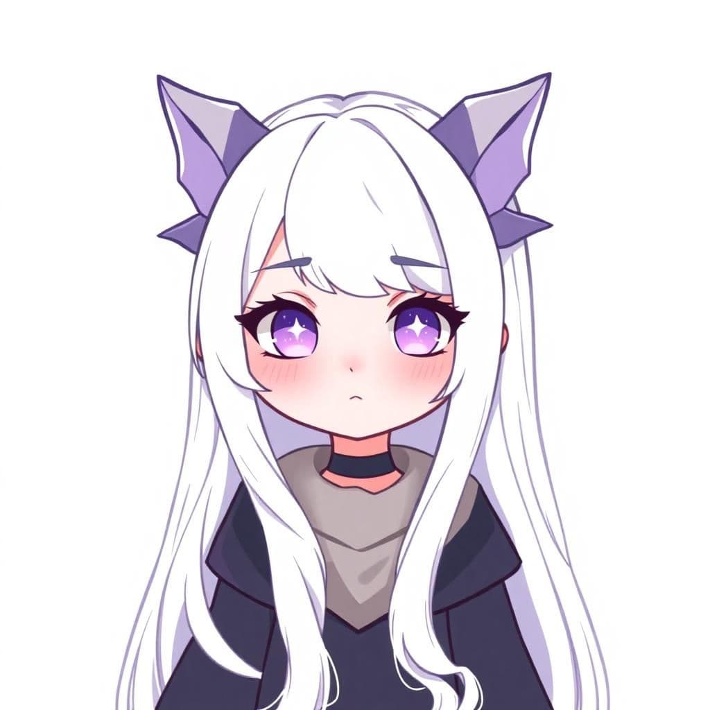 generate me a vtuber avatar, a girl with very long white hair, light purple eyes with a little bit darker star pupils-looking chibi featuring dragon ears.