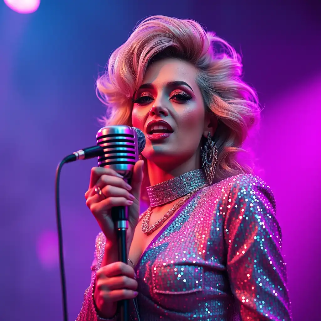 A cinematic, ultra-realistic photo of a glamorous woman singing into a retro 80s-style microphone. She’s wearing a sparkling outfit with big hair and bold makeup, standing under vibrant neon lights on a smoky stage. The background glows with purple, pink, and blue tones. Her expression is emotional and powerful. High-detail, sharp focus, HD, 4K quality, no text.