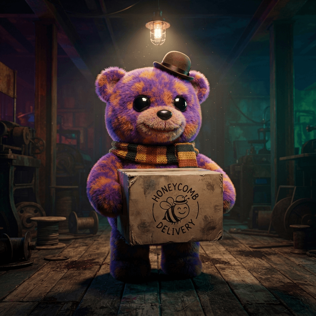 chubby purple and orange plush bear toy mascot, huge shiny black button eyes, a grin that is a little too wide, tiny bowler hat, striped scarf, holding a worn cardboard box with a bee-in-a-hat logo, dark factory floor with a single hanging lamp, colourful but eerie, glossy 3D render, full body