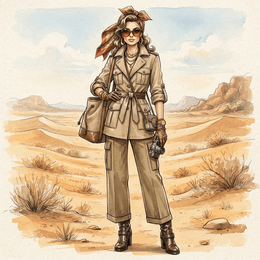 khaki fashion, safari utility styling, belted trench, neutral tan palette, styled with statement accessories, fashion illustration, full body
