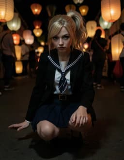 sue, a humanoid girl with almond‑shaped eyes, full lips, defined eyebrows, fair skin, visible collarbone, blonde high ponytail with loose tendrils, wearing a black blazer, white sailor‑style blouse, navy and white striped neckerchief, pleated skirt with black belt and gold rectangular buckle, crouching in a paper lantern festival at night, hdr photo, horror underglow lighting casting eerie shadows from below, dim background illuminated by unsettling amber glow, high‑angle view.