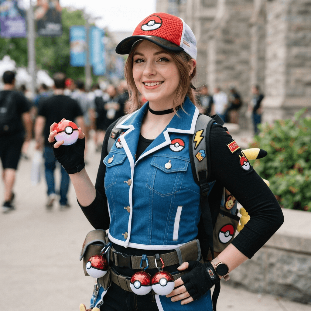 a monster trainer costume with a red and white cap, a blue vest and capture ball accessories, cosplay portrait, waist up, detailed costume