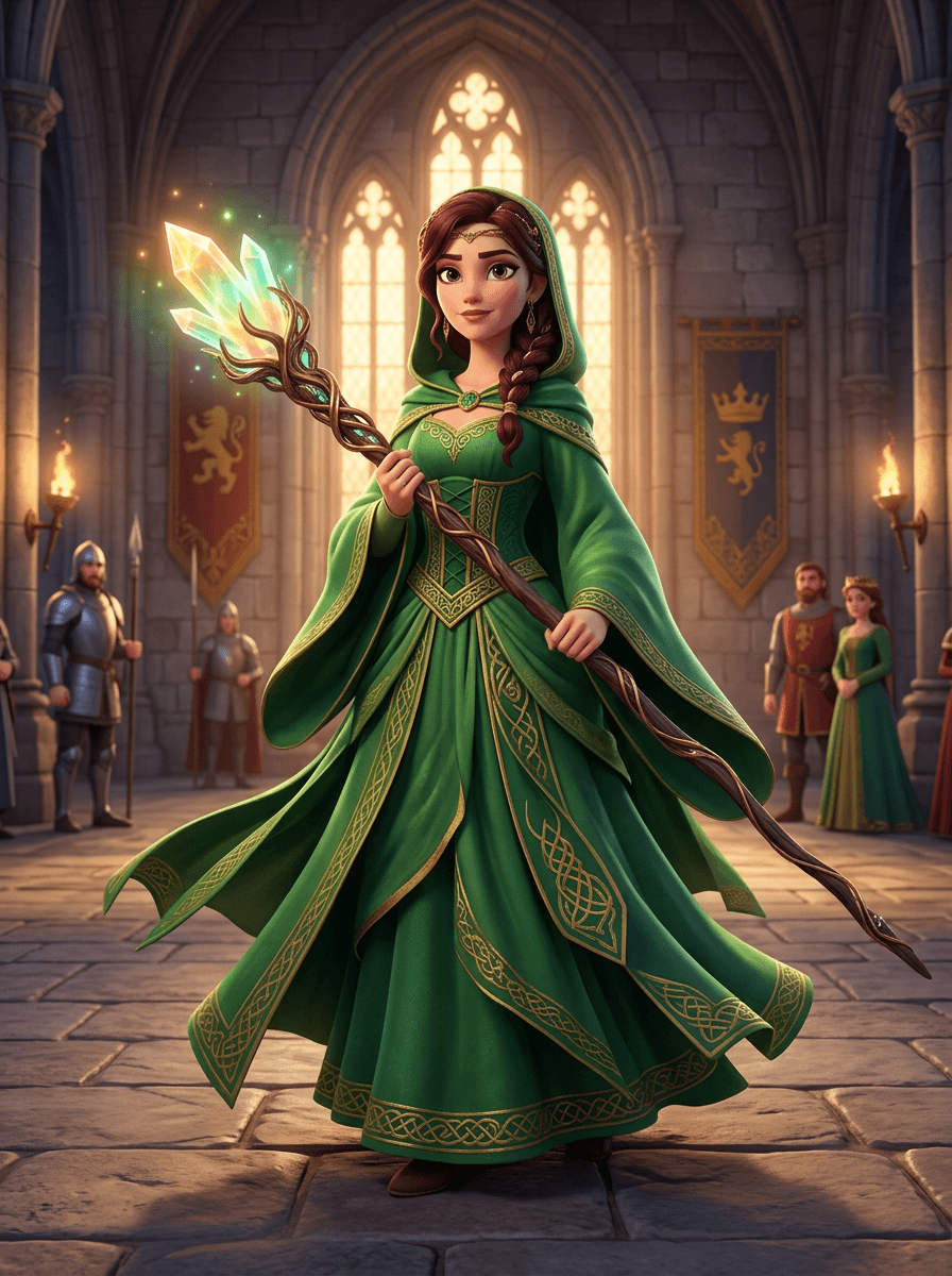Original character for Knights of Guinevere: a female court mage in flowing emerald robes holding a glowing crystal staff, full body, stylized 3D animation, fantasy castle interior, warm magical lighting