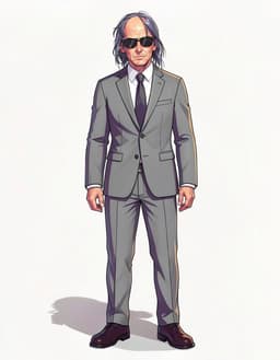 Add a sleek, modern grey suit to the character, replacing the existing outfit while keeping the same hairstyle, facial features, and overall color palette of the character’s hair and skin. Preserve the character’s head shape, facial expression, and any distinctive accessories that are not part of the clothing. Do not alter the character’s hair style, facial structure, or skin tone.