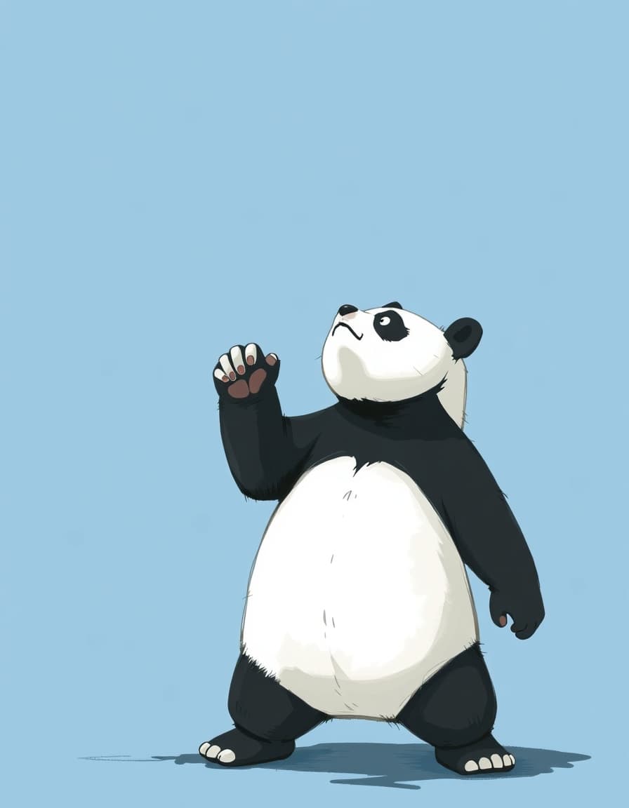 stylized digital illustration of a kung-fu panda standing, both looking upward thoughtfully.  composition places them near the bottom of the frame with large empty space above. the art style is painterly with sketch-like outlines, soft rough brush texture, visible brush strokes, matte colors, subtle lighting, gouache and pencil hybrid style, textured blue background, cinematic vertical framing, minimalist composition, concept art aesthetic. no glossy finish, no 3d rendering, no smooth airbrush, no plastic textures, no high contrast lighting, no photorealism, no comic-book style, no bold black outlines, no sharp edges, no hyper-saturated colors, no vector art, no clean digital paint, no anime style, no detailed background, no text or watermark