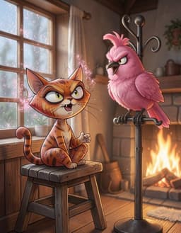 grumble cat sits on a weathered wooden stool by a window, pastel pink glitter dancing around his ears; his mouth is open in a soft, curious meow, tail swaying lazily. grumpy pink bird-fa perches on a rustic coat rack, feathers slightly ruffled, beak open in an animated chirp; both animals share the warm boho cabin glow, their silhouettes framed by gentle flash and a crackling fireplace, creating a cozy, whimsical, glitter‑lit macro tableau.