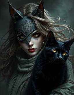 a dark fantasy horror scene featuring a high priestess wearing a cat mask alongside her black cat familiar, both rendered in dynamic motion portrait style with dramatic makeup and hair