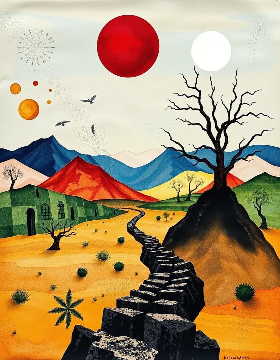 a landscape inspired by the work of salvador dali, reimagined as a collage. the artwork combines photographs, cut-out textures, and hand-drawn elements with a surrealist aesthetic, featuring unexpected juxtapositions and a dynamic, expressive style.
