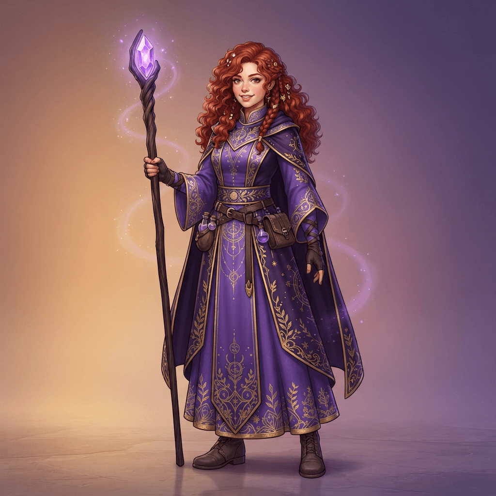 original character design of a young woman wizard, violet robes with gold embroidery, tall crystal topped staff, curly red hair, full body standing pose, clean soft gradient studio background, vibrant, crisp high detail, digital illustration, no text, no words, no watermark