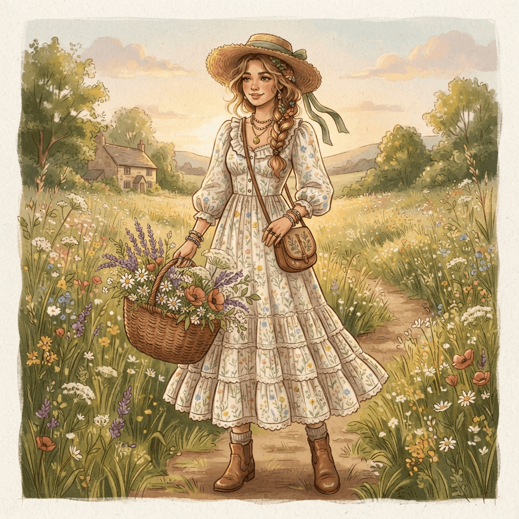 cottagecore fashion, floral prairie dress, straw hat, wildflower basket, warm pastoral tones, styled with statement accessories, fashion illustration, full body