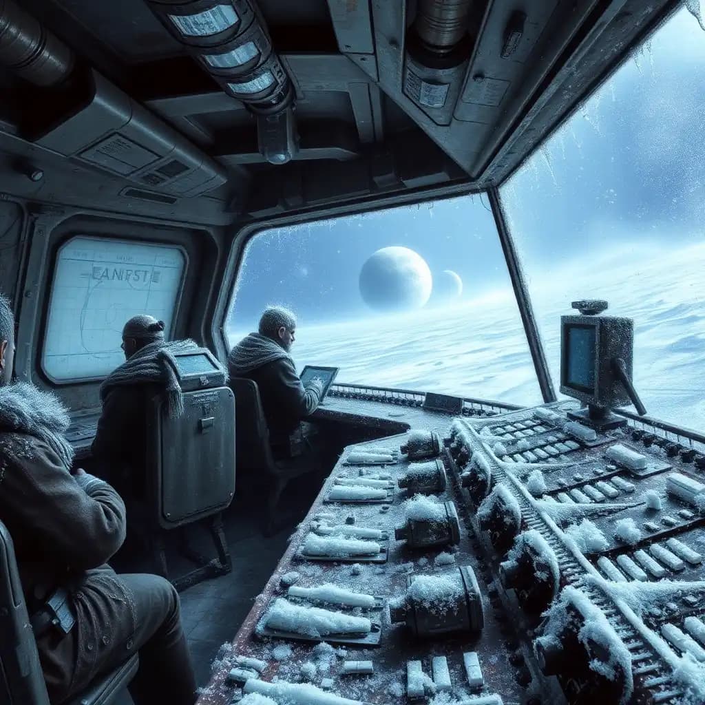 inside the control room of a decrepit space pirate ship, the atmosphere is frigid and desperate. crew members, bundled up in layers of tattered, woolen clothing and battered metallic armor, huddle at various stations, their breath visible in the cold air as they monitor star charts and track enemy ships through a swirling vortex of data. the control panels are ice-covered, their flickering lights casting a dim, eerie glow on the worn, rusty surfaces. flickers of frost dance across the cracked glass and peeling paint. through the large viewport, a swirling storm of icy gas and glittering starlight can be seen, with a tiny, icy planet suspended in the distance, shrouded in a haze of frost and distortion, dwarfed by the vast expanse of distant galaxies and frozen comets. the ship's interior is heavy with the weight of worn, utilitarian furnishings and the low rumble of the engines, which seems almost stifled by the cold. ice crystals cling to the control levers and navigation screens, and the pirate crew's beards and hair are frosted with a thin layer of ice.