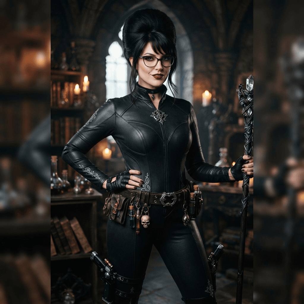 a tall witch in a skintight black bodysuit with glasses, a beehive updo and gun heels, cosplay portrait, waist up, detailed costume